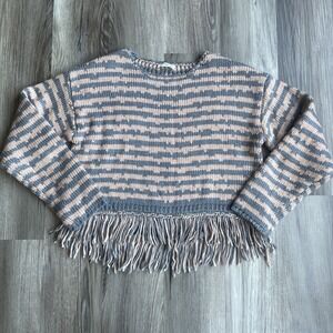 Storia Stripe Pink & Grey Chunky Knit Frayed Hem Pullover Cropped Sweater Small